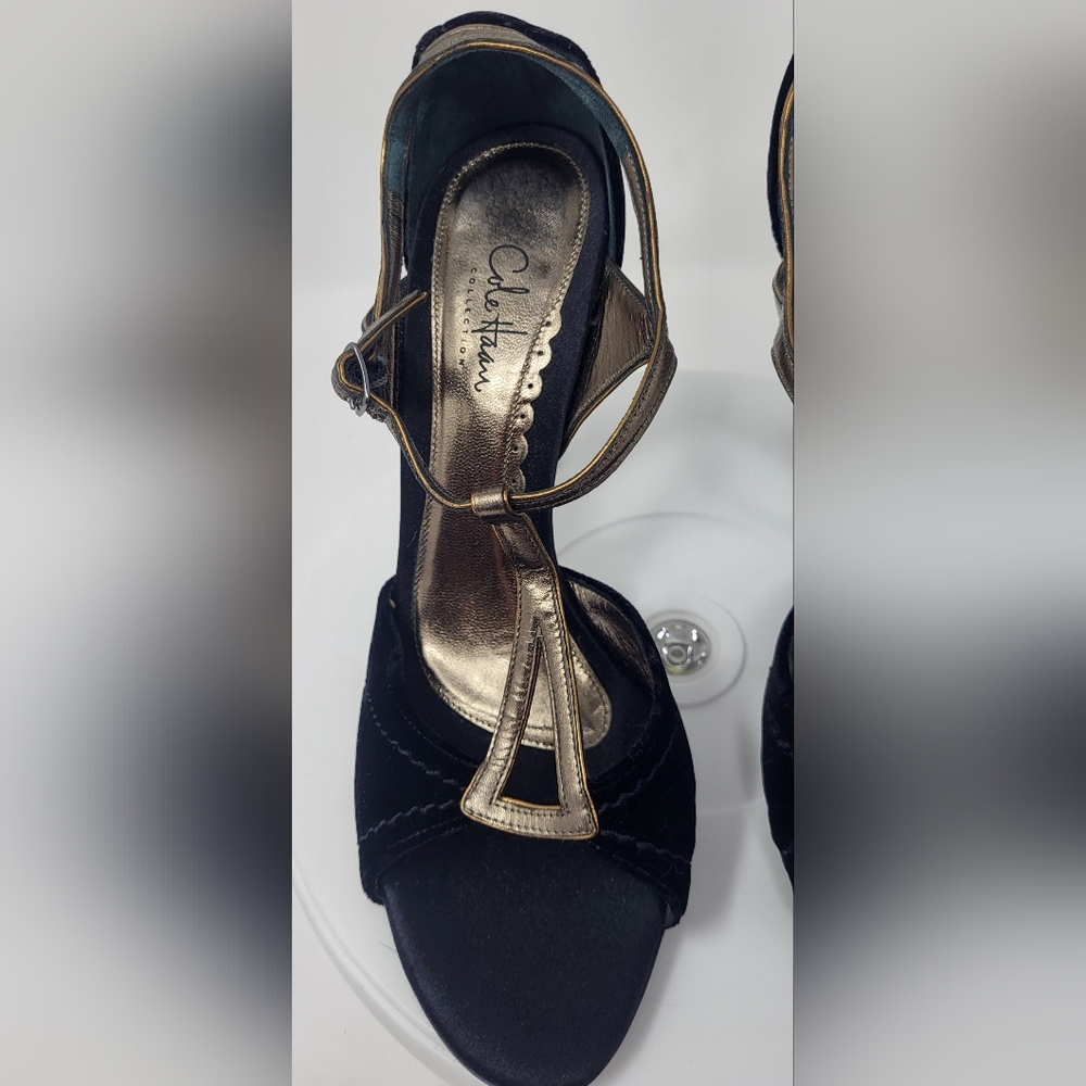 Cole Haan Black Velvet & Brassy Gold Open Toe Stilletto T-Strap Heels - Picture 2 of 16
